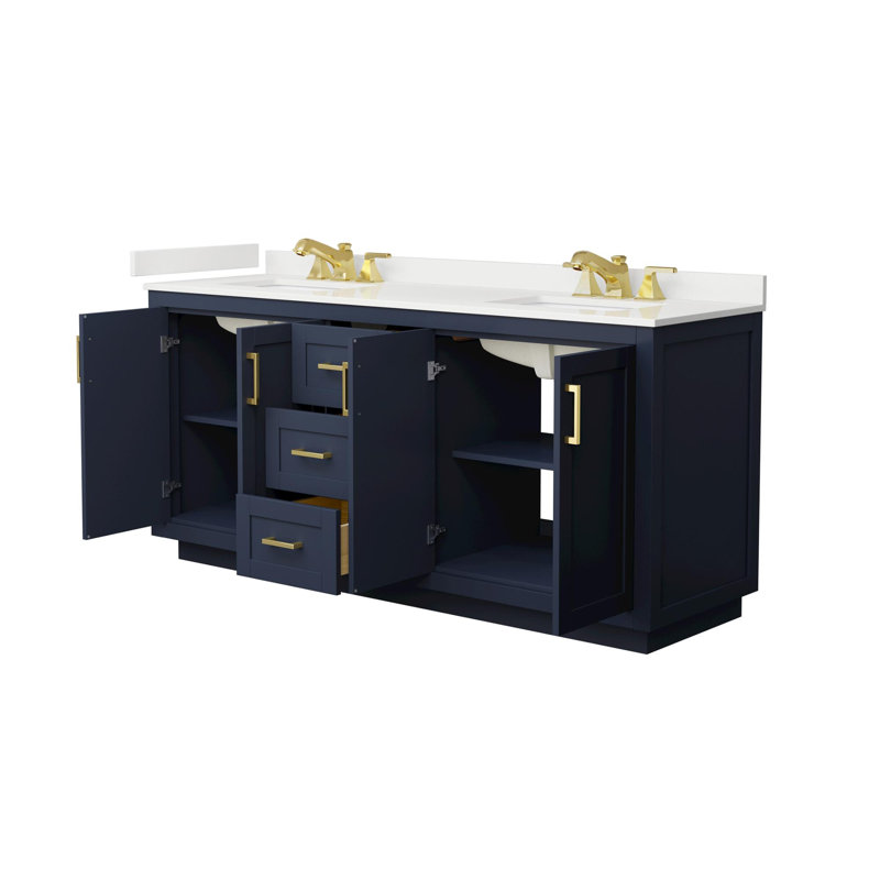 Miranda 72" Freestanding Double Bathroom Vanity with Quartz Top, Dark Blue, White Quartz, Brushed Gold