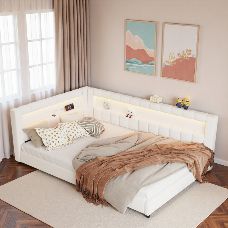 Upholstered Daybed With Usb Ports And Led Light Strips, Cream White, Full XL