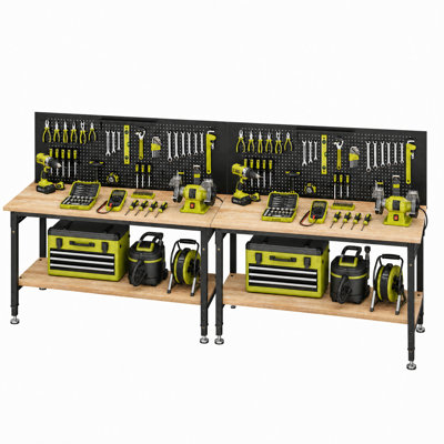Cadre multifonctionnel robuste de 152 cm (60 po) pour garage avec panneau perforé, charge maximale de 930 kg (2050 lb), hauteur réglable, éclairage DEL et plateau en bois d'hévéa