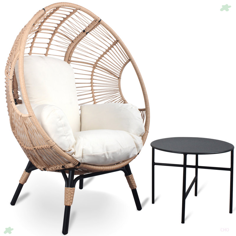 Chaise de patio en osier PE modèle 2 avec rotin et table d'appoint, Naturel, Blanc