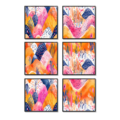 Pink Orange Abstract Boho Landscape - Boho Wall Art Living Room Set Of 6