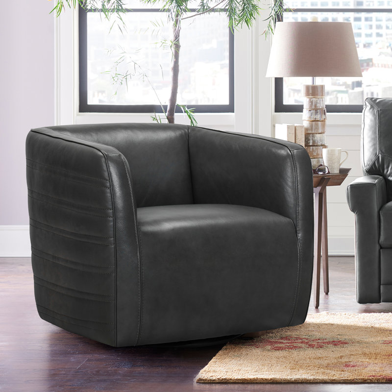 Batsheva Upholstered Swivel Barrel Chair, Black Genuine Leather