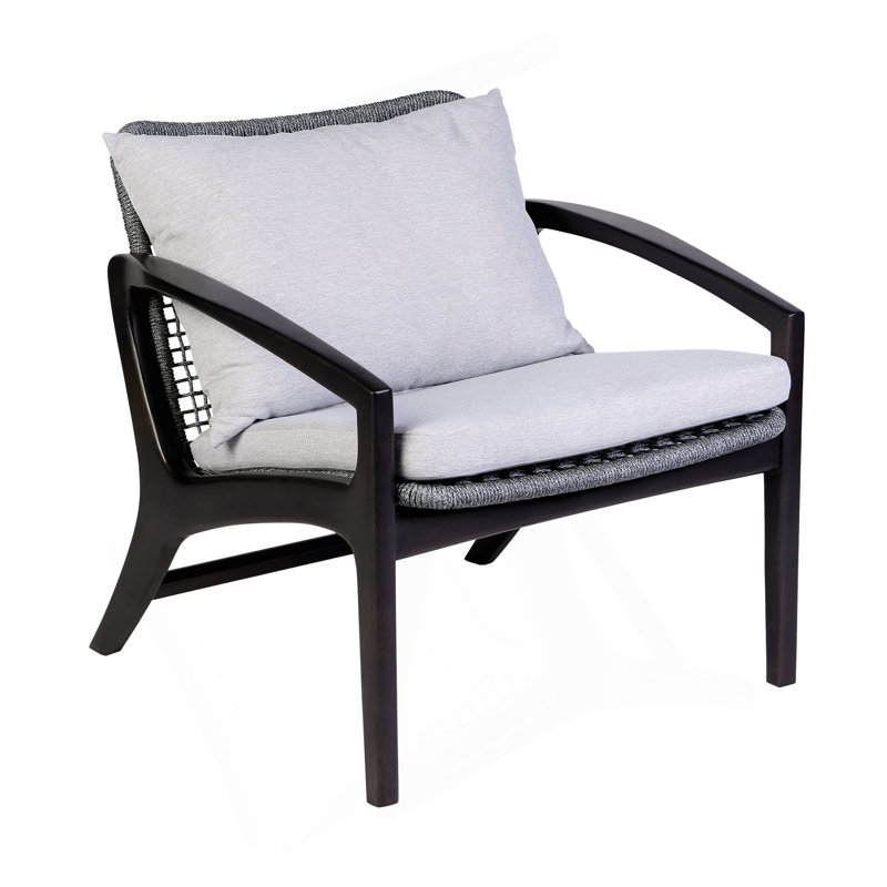 Chaise d'extérieur Liora en bois d'eucalyptus foncé et corde grise avec coussins blancs
