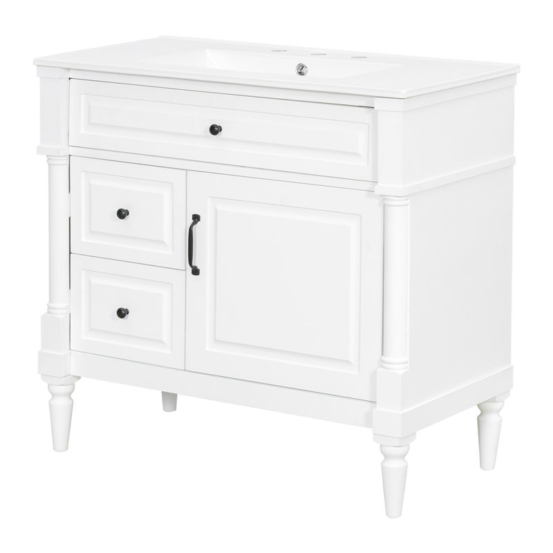 Meuble-lavabo de 36 po avec lavabo, armoire de salle de bain autoportante avec lavabo en céramique, tiroir rabattable, tablette réglable, structure en bois d'hévéa et panneaux de fibres à densité moyenne, poignées en métal