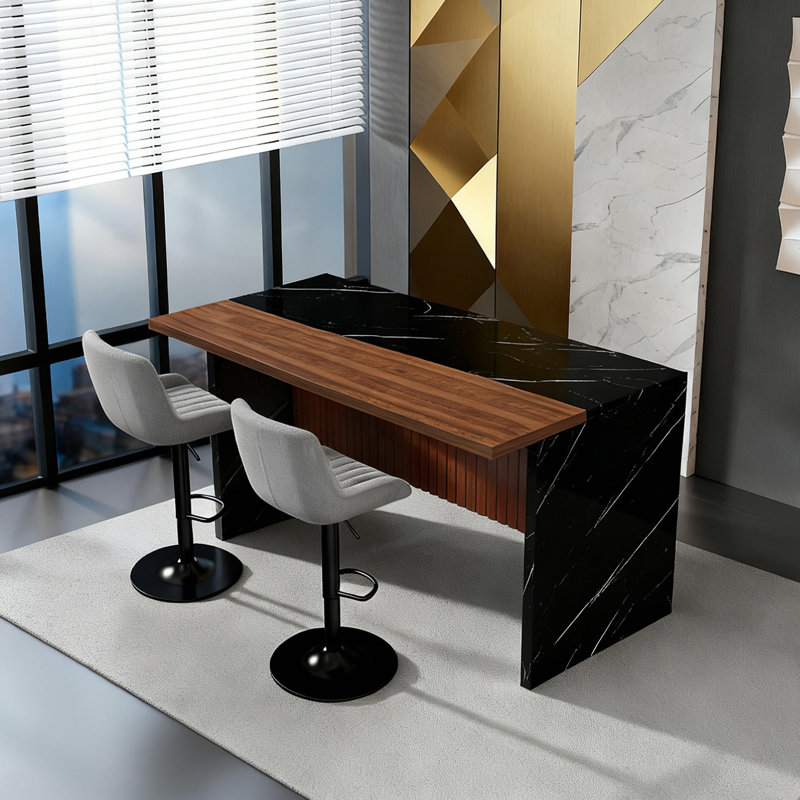 63" Modern Kitchen Island With Marble-Look Surface, LED Lights & Grille Design For Dining Room, Living Room(Island Only)