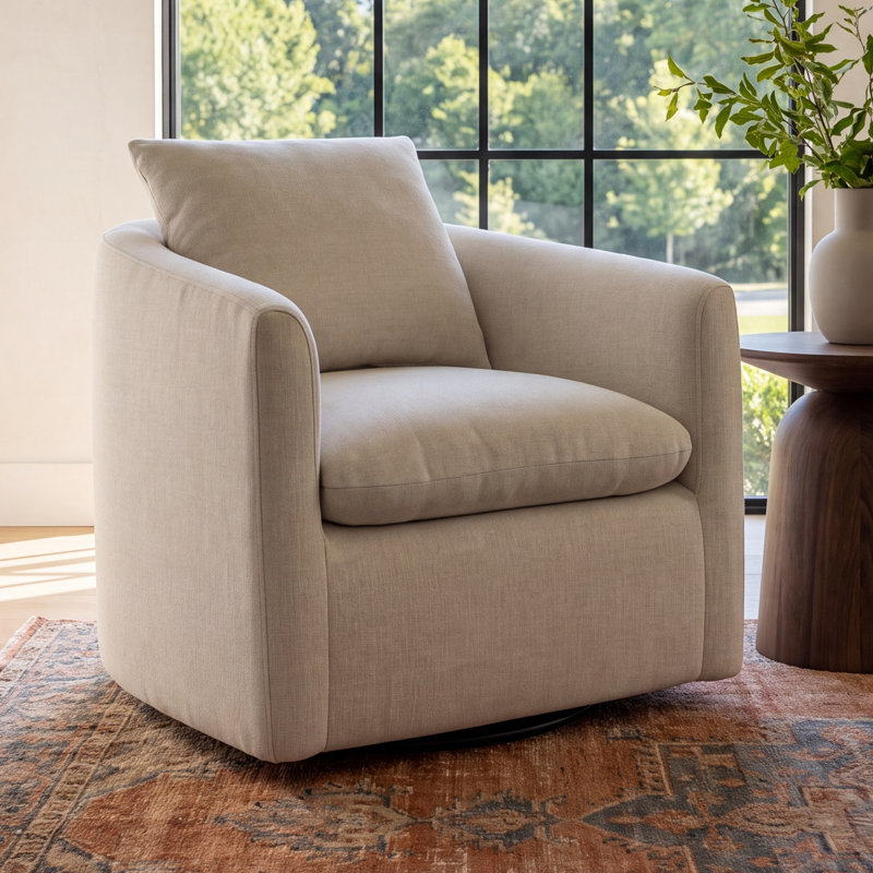 Menta Upholstered Swivel Barrel Chair, Effie Linen Performance Linen