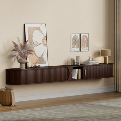 Meuble télé 94,8 po avec portes tambour rondes, console multimédia murale avec rangement et lumières RVB pour téléviseurs de 100 po ou moins