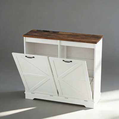 Armoire à poubelle double inclinable avec fonction de désodorisation et station de charge, armoire de rangement en bois pour poubelle pour la cuisine, le salon et la salle de lavage