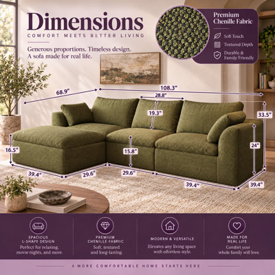 Canapé modulaire en L en chenille à assise profonde de style modulaire 3 places 108,3 pouces avec repose-pieds Peter, rembourrage en mousse haute élasticité, assemblage sans outil et extension de 72 heures Peter