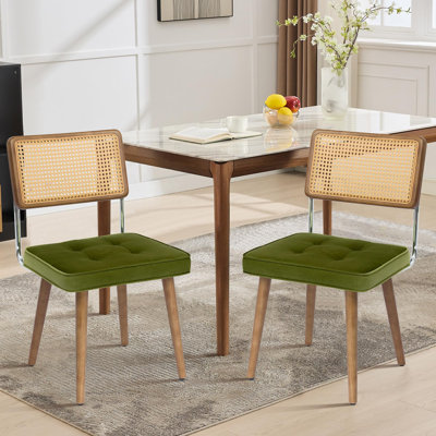 Natural Rattan Dining Chairs Set, Mid Century Kitchen Chairs with Velvet Upholstered Seat, Modern Boho Dining Chairs