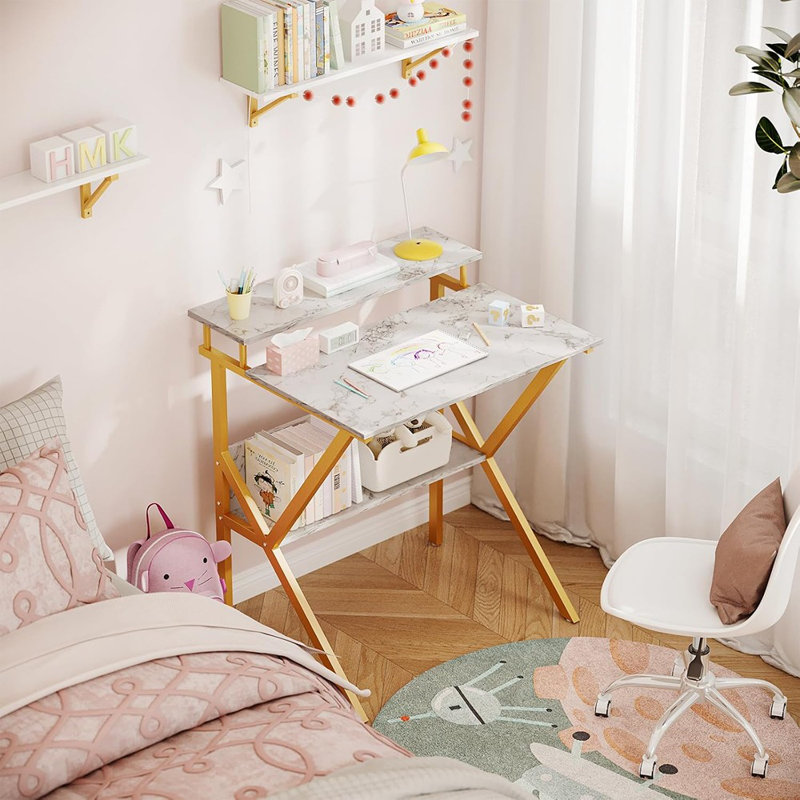 Petit bureau, bureau d'ordinateur de 27,5 pouces pour les petits espaces, bureau compact avec rangement, petite table d'étude avec support pour bureau personnel, marbre blanc et pieds dorés