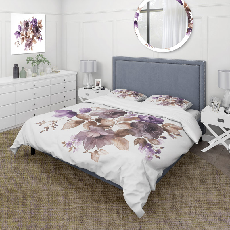 Purple Retro Flowers With Brown Leaves - Traditional Duvet Cover Set - Microfiber Polyester, King Duvet Cover + 2 King Shams