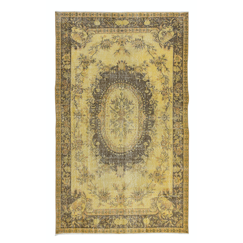 Tapis turc jaune et brun de 5,8 pi x 9,6 pi d'inspiration Aubusson