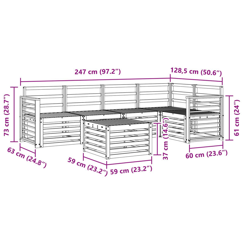  Sectional Sofa Set 6 pcs Solid Acacia Wood Outdoor Garden Furniture