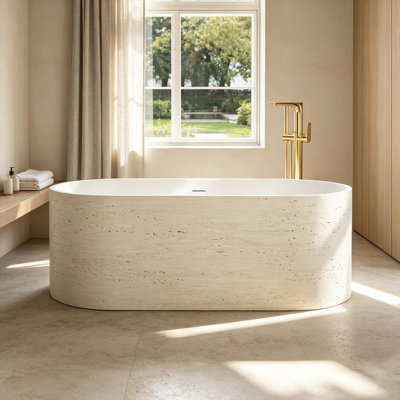 Baignoire de trempage autoportante à surface en pierre de 63 po avec intérieur blanc mat