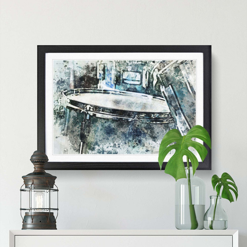 Teal Blue Drum Kit in Abstract - Framed Print, Black Framed, 62cm H x 87cm W x 2cm D