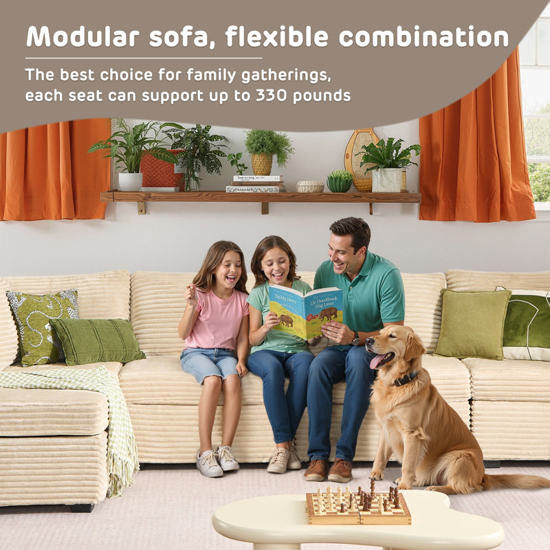 U-Shaped Sectional Plush Corduroy Section Sofa Combination, 9 Seats, With Ottoman, Random Combination, Beige Corduroy
