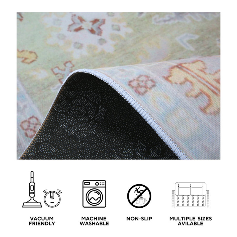 Modern Green Oushak Machine Washable Runner with Built-in Padding & Non-Slip Backing, Runner 2'6" x 8'