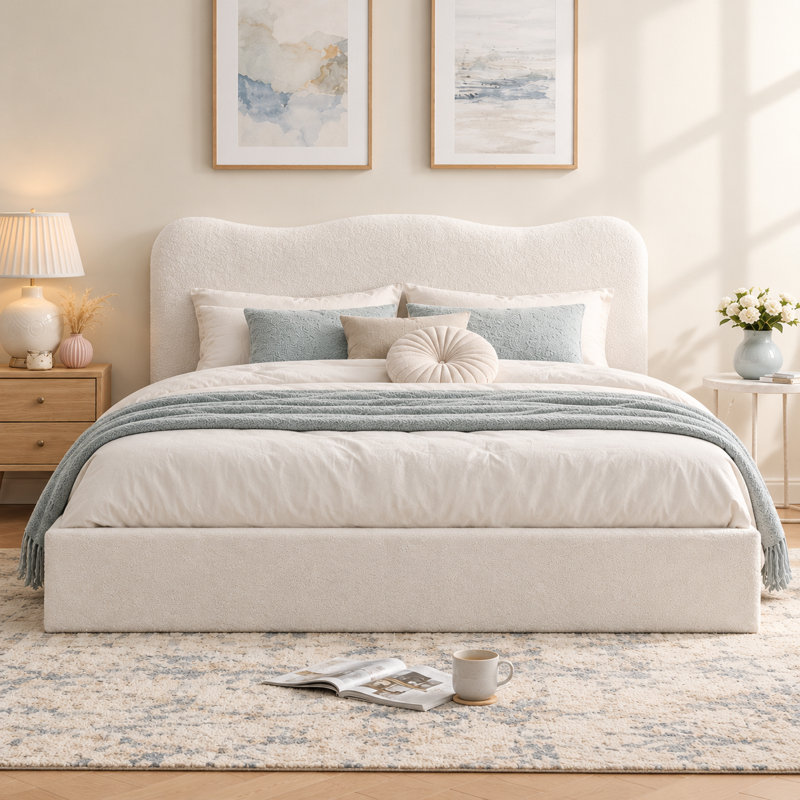 Lit plateforme tapissier Hayden, Grand lit, Blanc