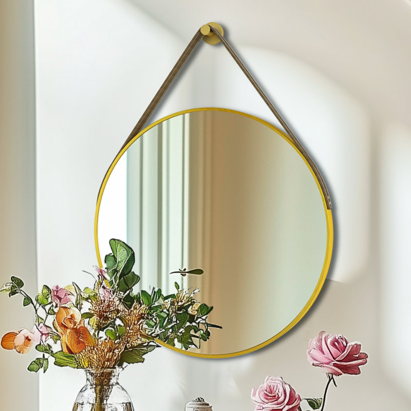 28'' Round Coastal Wall Mirror Brushed Gold Aluminum Frame, Gold, 27.56" x 27.56"