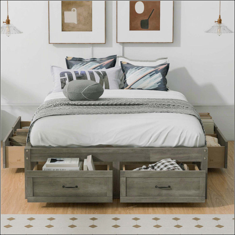 Lit plateforme avec 6 tiroirs de rangement, Gris antique, Lit double