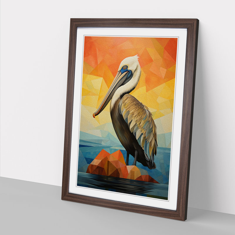 Pelican Geometric - Single Picture Frame Print on Wood, Walnut Framed, 34cm H x 25cm W x 2cm D