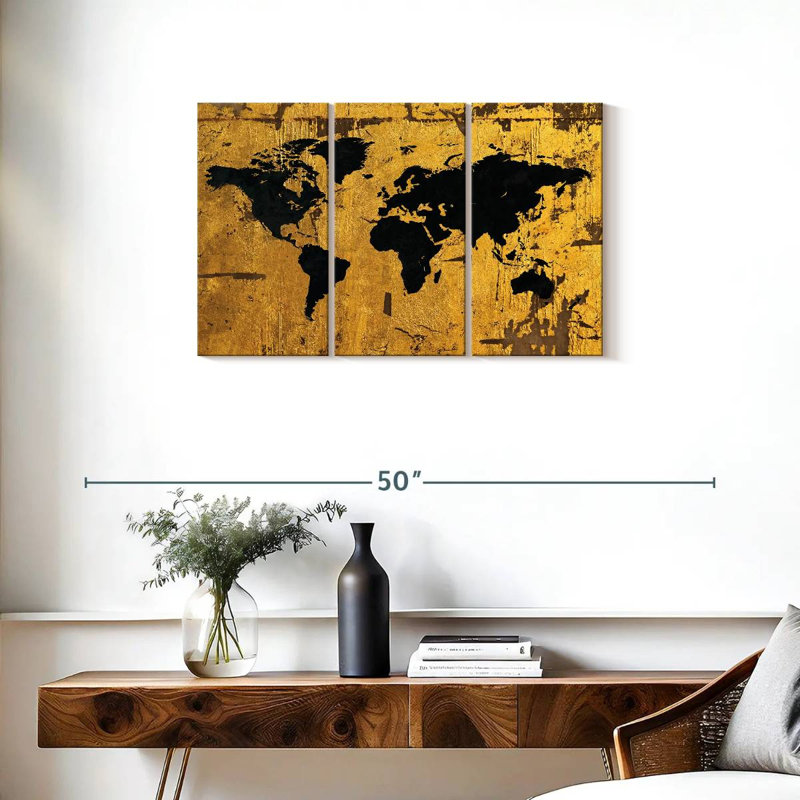 Aliaz Black On Gold World Map, 20" H x 33" W