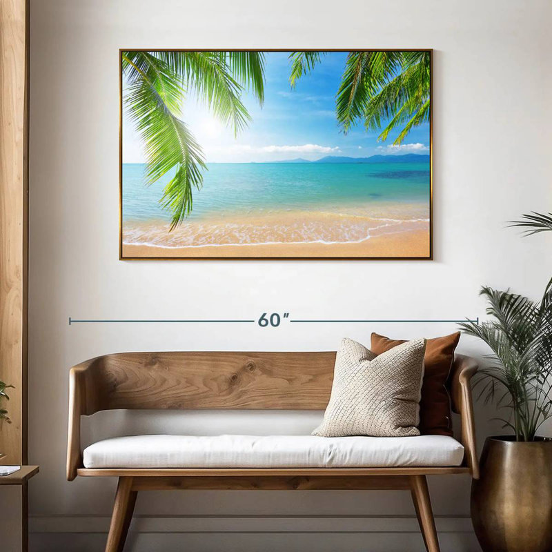 Cocotiers et plage, 46 po x 31 po, Cadre flottant doré