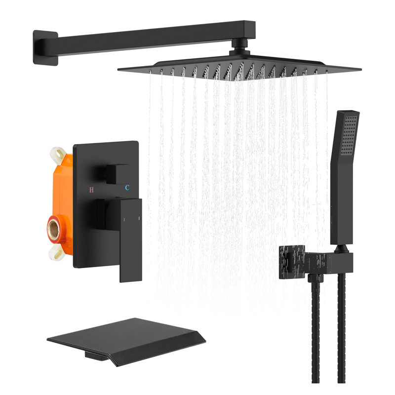 Matte Black Rain Shower System with 10 Inch Square Rainfall Shower Head, Handheld Sprayer and Waterfall Tub Spout - Pressure Balance Valve Included Modern Bathroom Shower Faucet Set