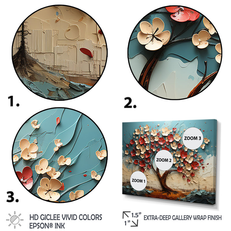 Arbre de fleur rouge et or au clair de lune beauté III - arbre, art mural, H 34 po x l 44 po x P 1,5 po