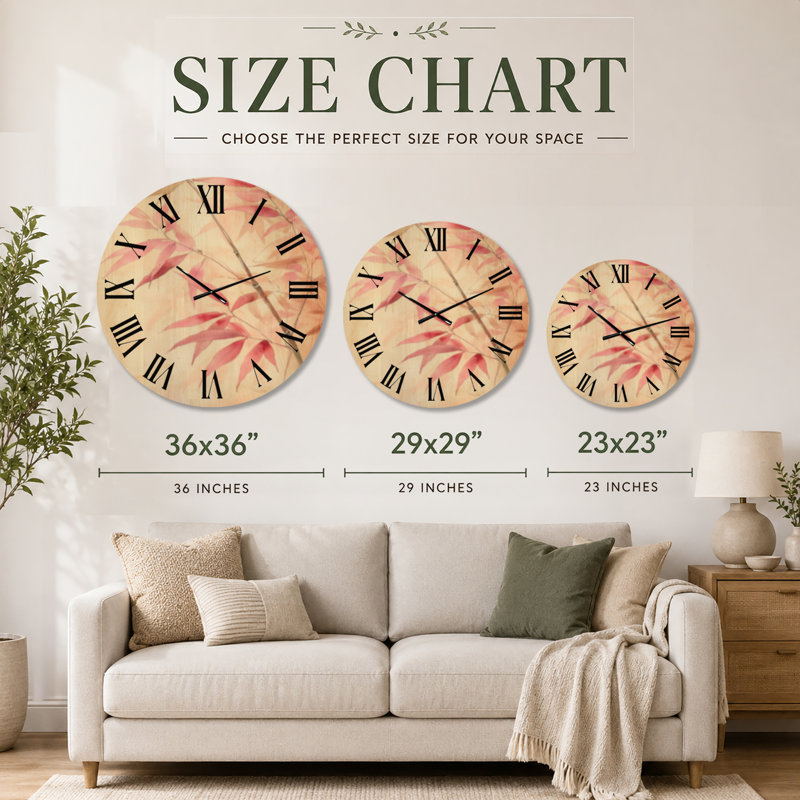 Horloge murale ronde botanique à motif de branche de bambou rose, imprimée sur bois, Grand