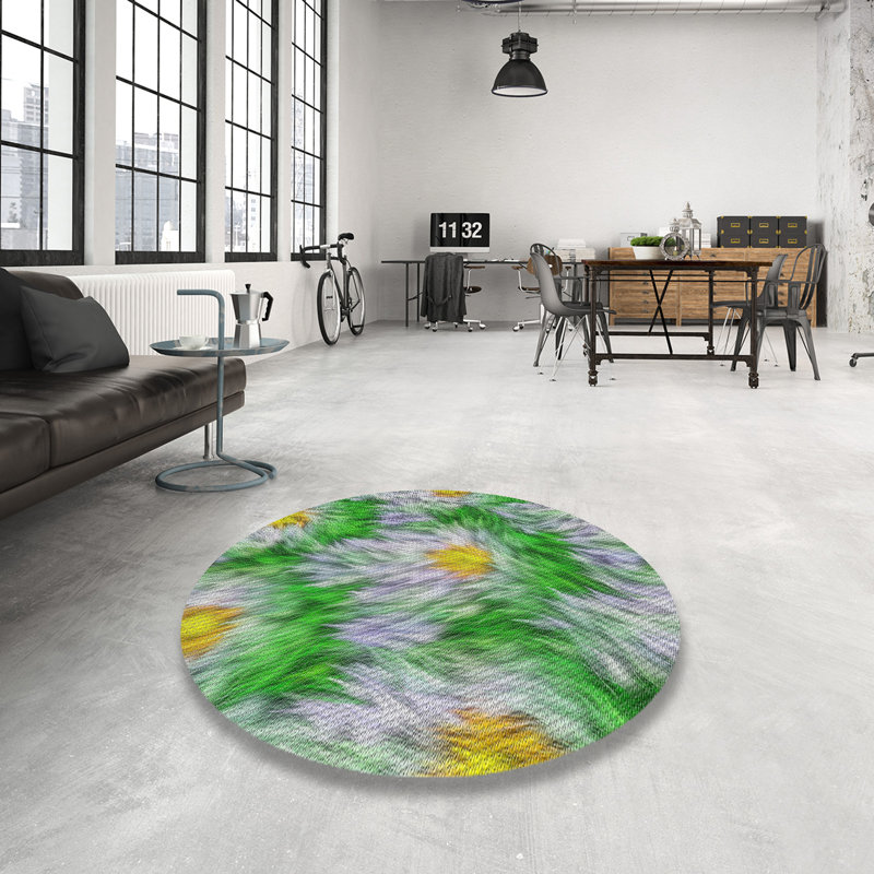 Tapis floral vert / jaune, Rond 6 pi