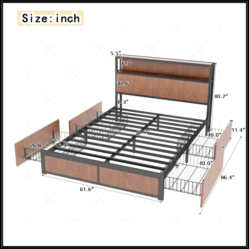 Large Raised-Pattern Wooden Platform Bed Frame With Multiple Drawer Storage And Bedside Socket, Queen Size
