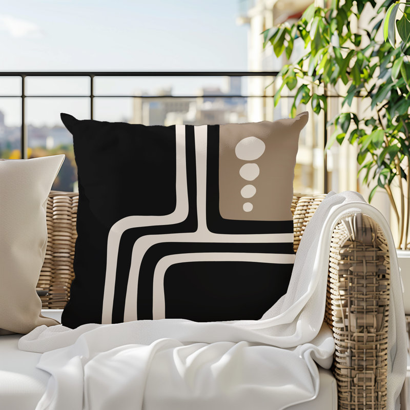 Oreiller carré réversible intérieur / extérieur Tobe Minimalist, H 15 po x l 15 po, Beige / noir / blanc cassé