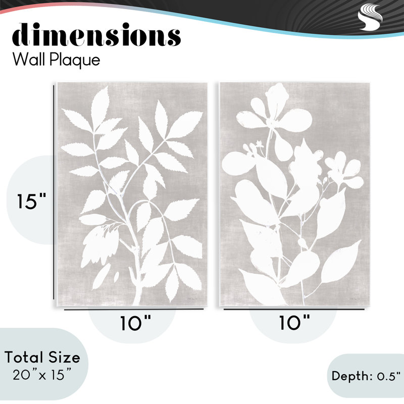 Ensemble de plaques murales 2 pièces Grey Foliage Impression, design par Stellar Design Studio, H 15 po x l 10 po