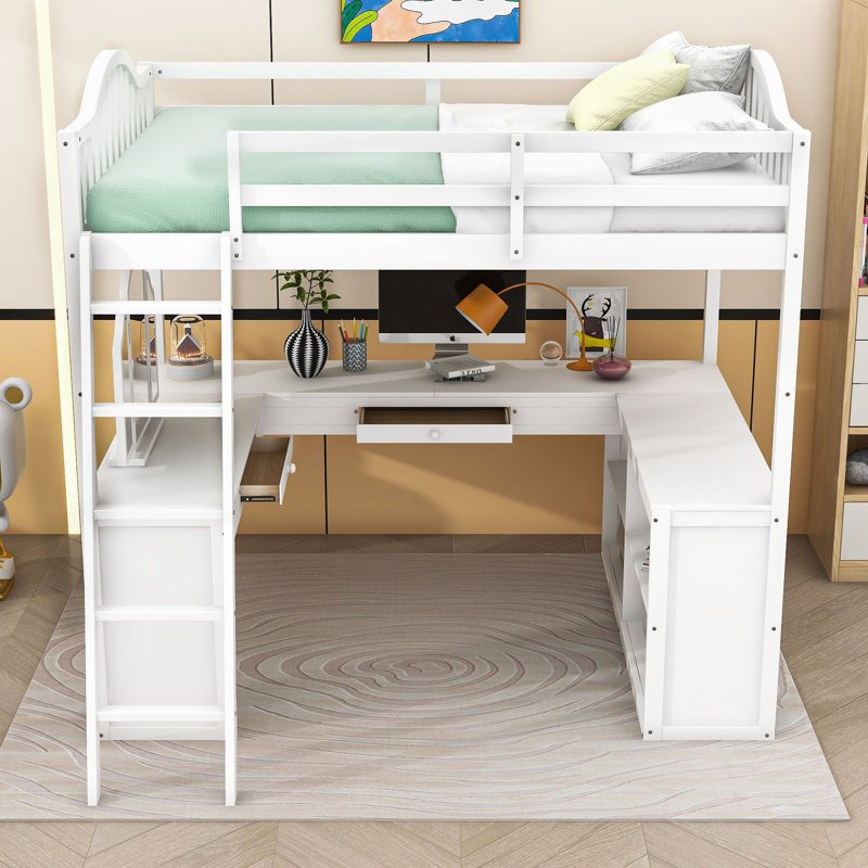 Lit mezzanine double en bois avec bureau intégré, tablettes de rangement et miroir à trois volets, Blanc