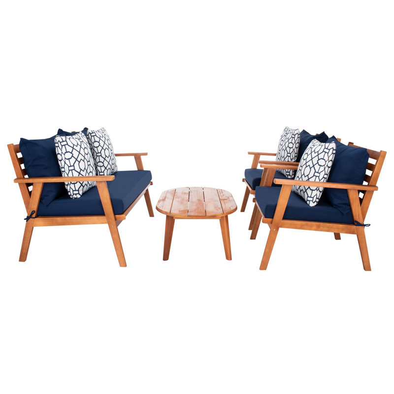 Aretta Acacia Solid Wood 4 - Person Patio Conversation Set with Cushions, Navy