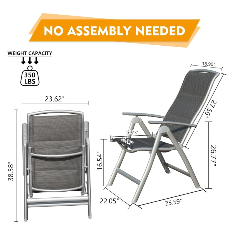 Set of 2 Adjustable Reclining Patio Chairs - Foldable High Back Aluminum Outdoor Lounge Seating with Padded Textilene Fabric for Garden, Deck & Poolside