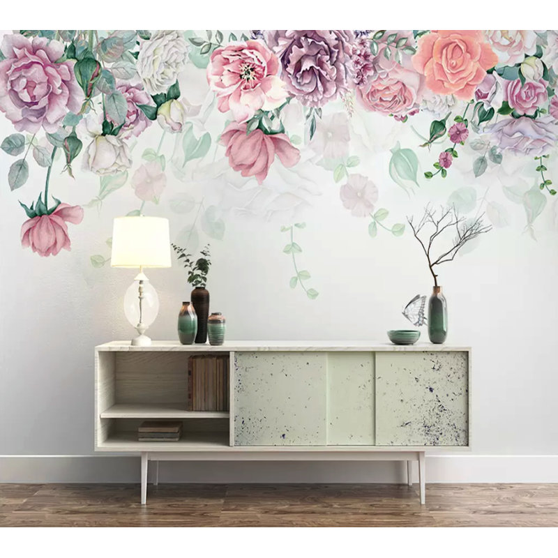Papier peint amovible vintage avec pivoines nostalgiques colorées, L 75 po x l 112 po