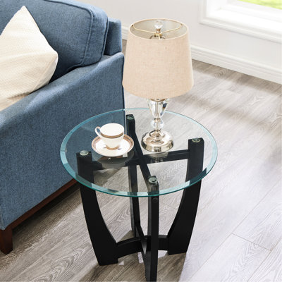 Table basse noire ronde en verre de 23,5 pouces avec une base en bois massif fiable et stable, pour le salon, un appartement de bureau, une structure de style rétro nécessitant peu d'entretien, une égratignure adaptée