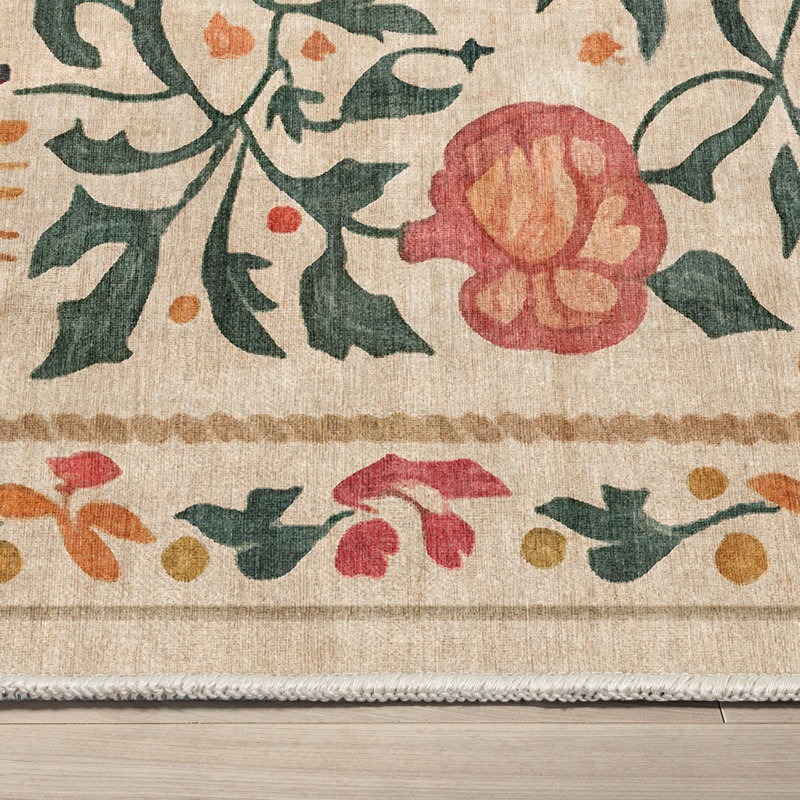 Suzani Beige Floral Chenille Rectangular Washable Rug 5'3" x 7'3"