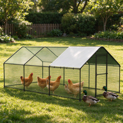 Grande cage à poules en métal Walk-in, enclos pour volailles d'extérieur 19,7 x 9,8 x 6,6 pi avec housse de protection UV imperméable, porte anti-torsion améliorée, enclos pour poules dans la cour arrière pour poules, canards et oies