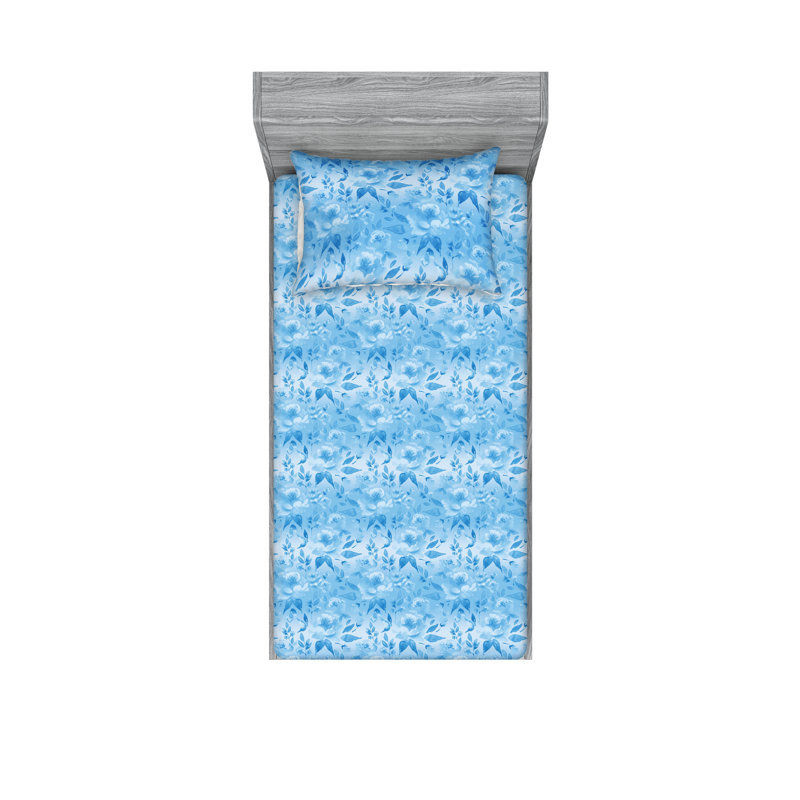Ambesonne Fitted Sheet & Shams, Twin Sheet Set with 1 Pillowcase, Sky Blue Flower