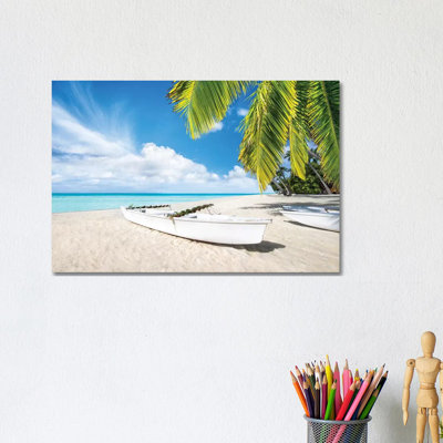 Boat At The Beach On Bora Bora by Jan Becke - Wrapped Canvas Print