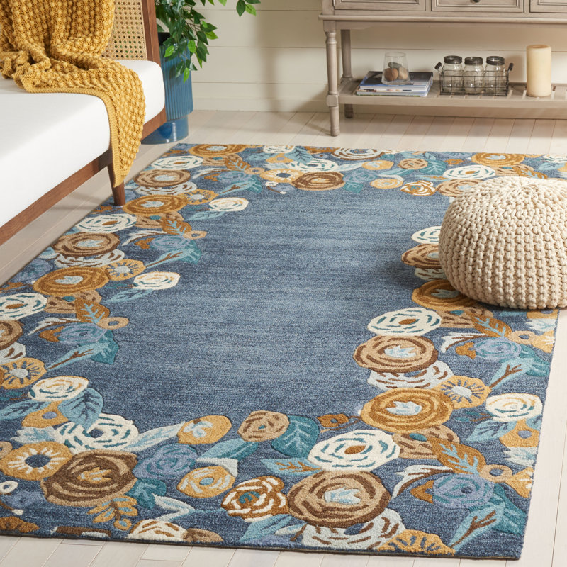 Chelsea Tufted Wool Cotton With Latex Floral Rug in Blue/Ivory, Rectangle 5' x 8'