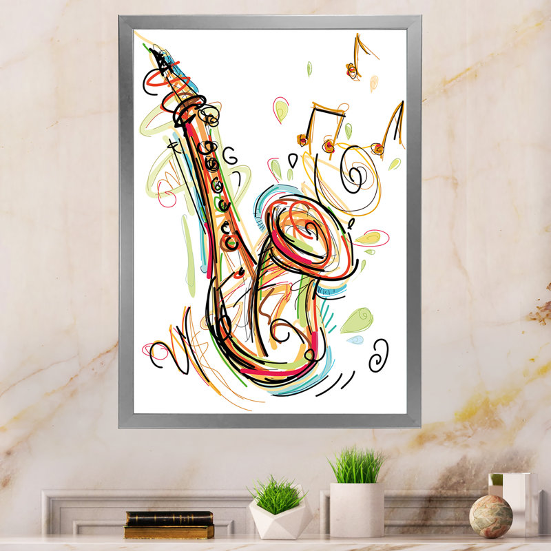 Musique, saxophone, dessin abstrait II - peinture, H 40 po x l 30 po x P 1,5 po, Cadre photo argenté