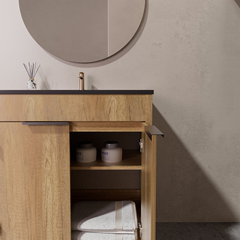 30" Freestanding Single Bathroom Vanity Set With Bold Black Ceramic Integrated Sink And Soft-Close Storage In Natural Oak