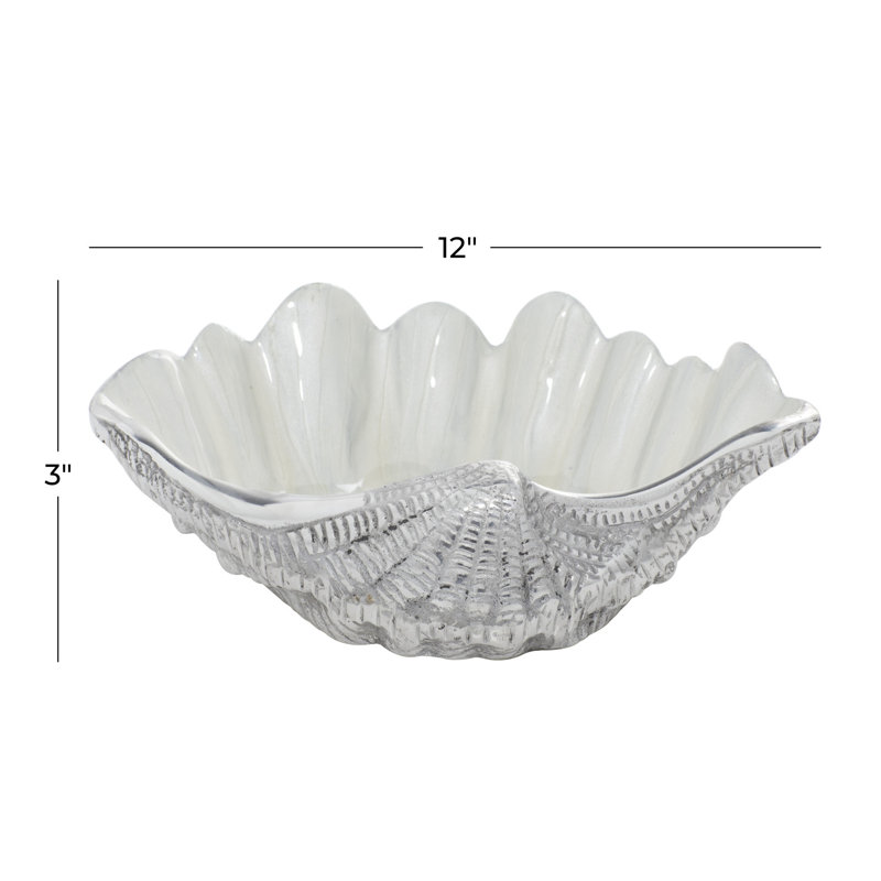 Ember Silver Shell Sea Life Serving Bowl with Enamel Interior 12" x 9" x 3", Silver