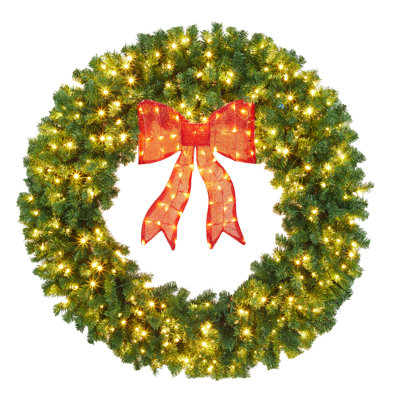 Pre-Lit Artificial Christmas Wreath - Plug-In Warm LED Lights, PVC Winter Greenery with Red Bow, Indoor/Outdoor Front Door Holiday Decor - 36 in (90cm) - 90cm