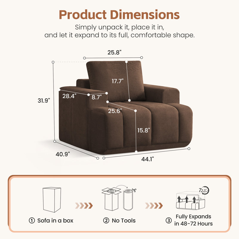 Fauteuil d'appoint surdimensionné de 44 pouces, fauteuil canapé une place en mousse à mémoire de forme avec assise profonde et accoudoirs larges